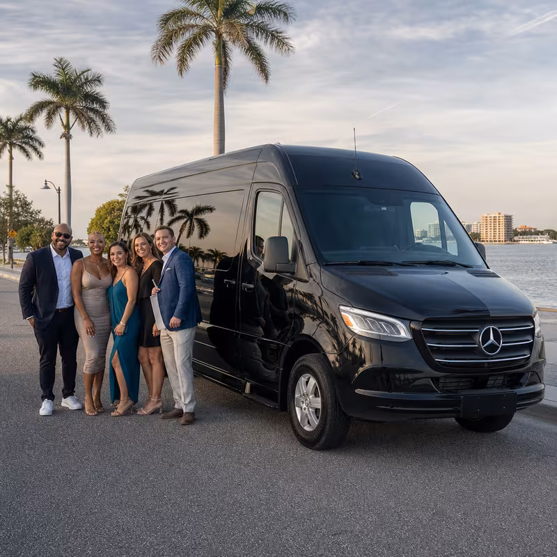 Group beside a Mercedes Sprinter limo from the St. Petersburg fleet