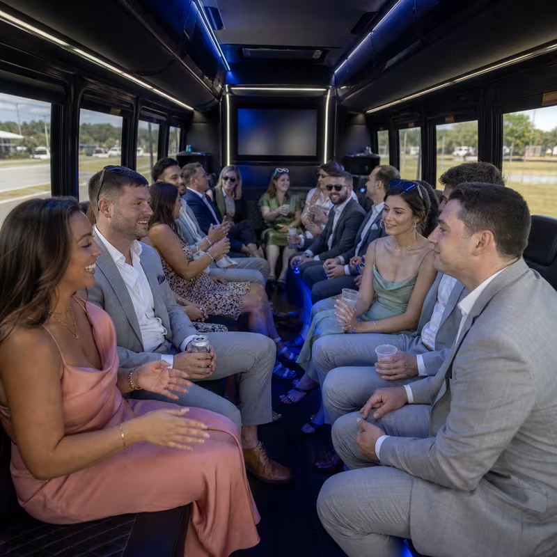 Wedding guests seated inside a St. Petersburg party bus