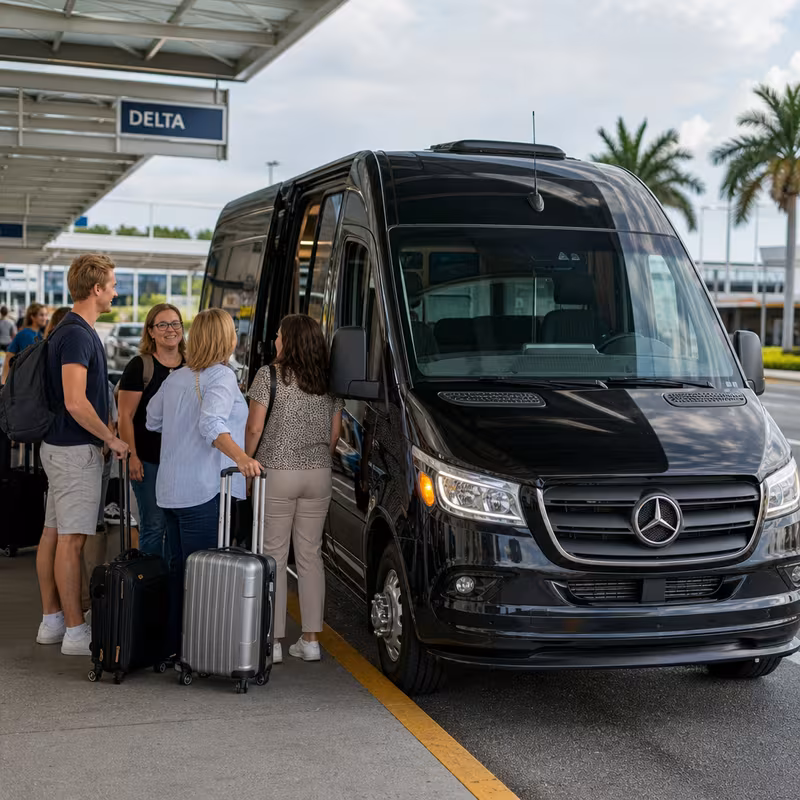 Group boarding a white charter bus for Airport Transportation transportation in St. Petersburg