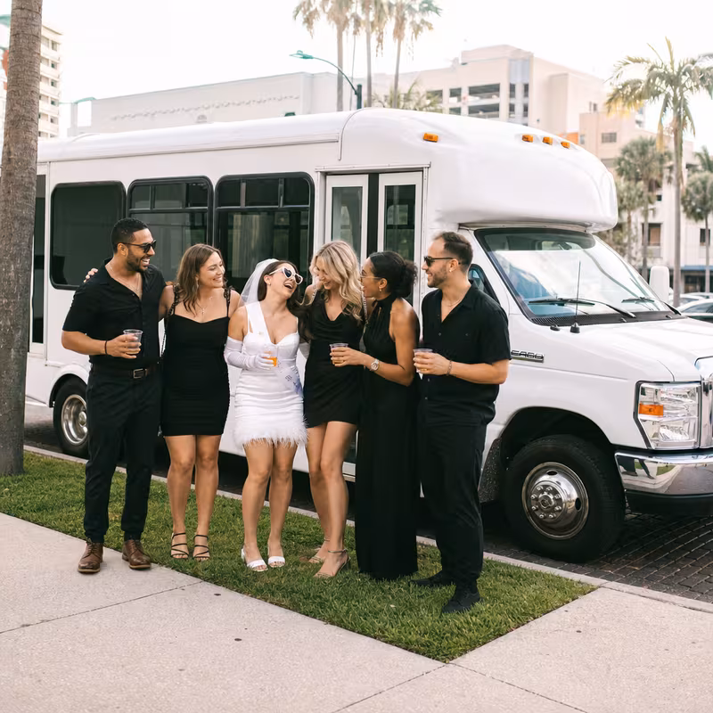 Black Mercedes Sprinter van staged for an St. Petersburg Bachelor & Bachelorette Transportation group