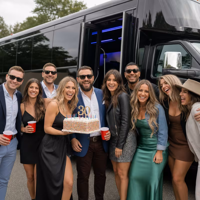 Group boarding a white charter bus for Birthday Transportation transportation in St. Petersburg