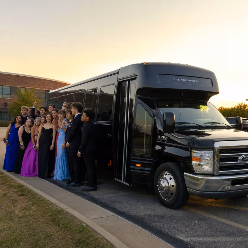 Group boarding a white charter bus for Prom & Homecoming Transportation transportation in St. Petersburg