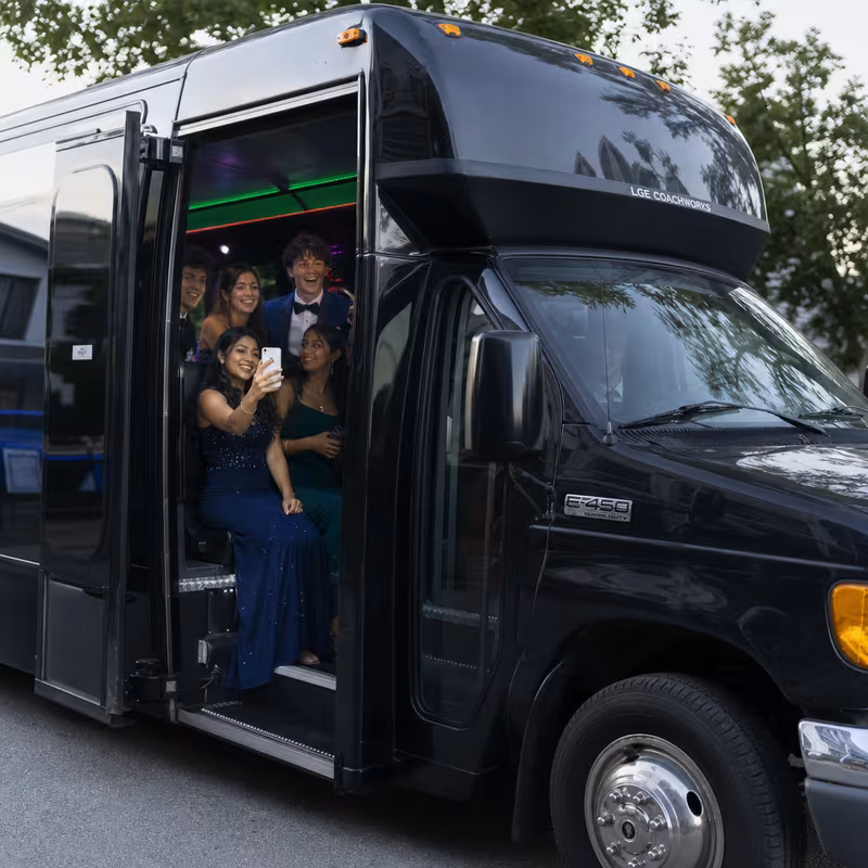 Black Mercedes Sprinter van staged for an St. Petersburg Prom & Homecoming Transportation group