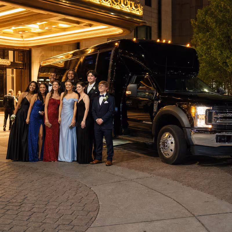 Party bus interior with wraparound leather seating and LED lighting in St. Petersburg