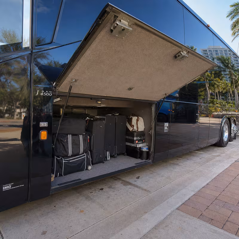 Party bus interior with wraparound leather seating and LED lighting in St. Petersburg