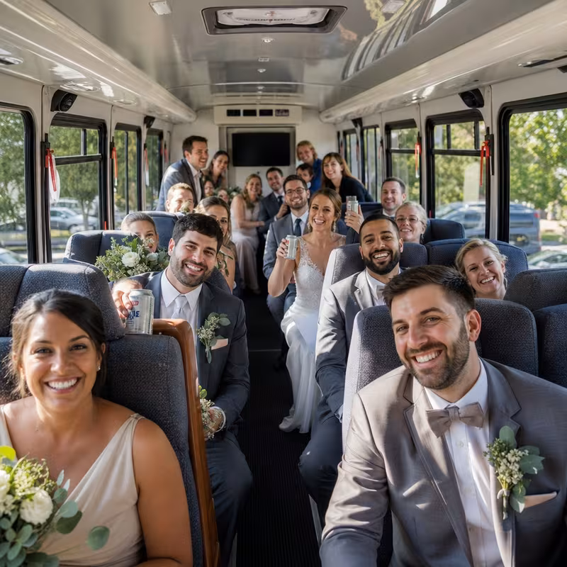 Group boarding a white charter bus for Wedding Transportation transportation in St. Petersburg