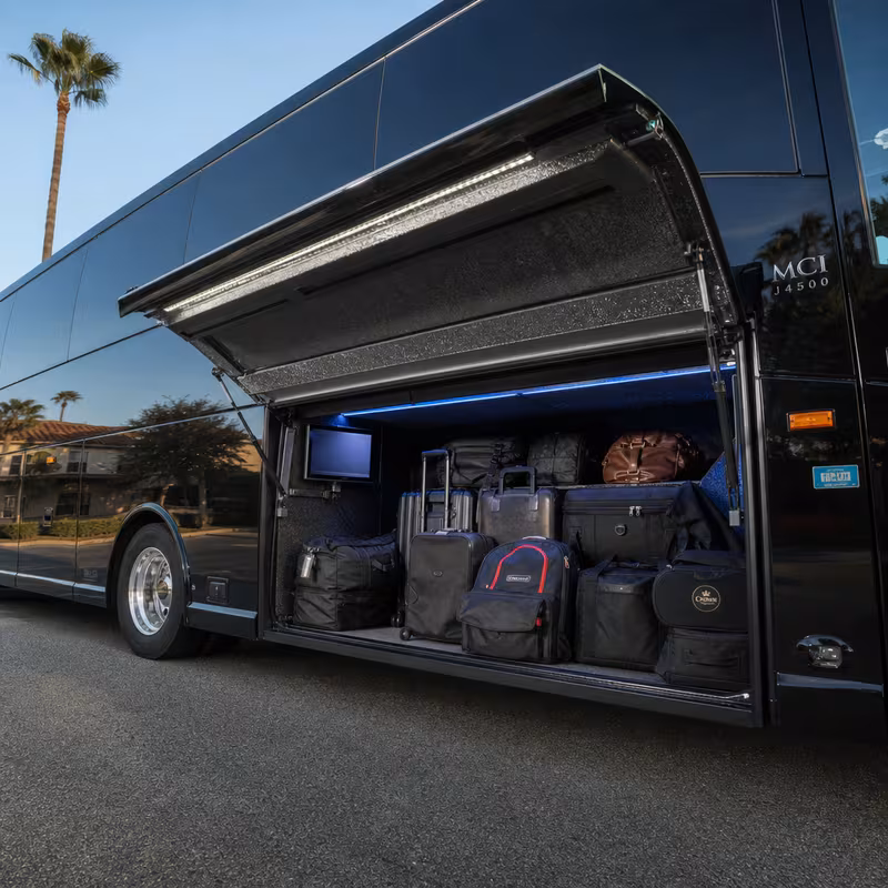 Party bus interior with wraparound leather seating and LED lighting in St. Petersburg